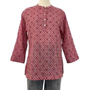 Ro's Garden Cotton Poplin Top Blouse Printed Red Floral Geometric Pintuck Size M